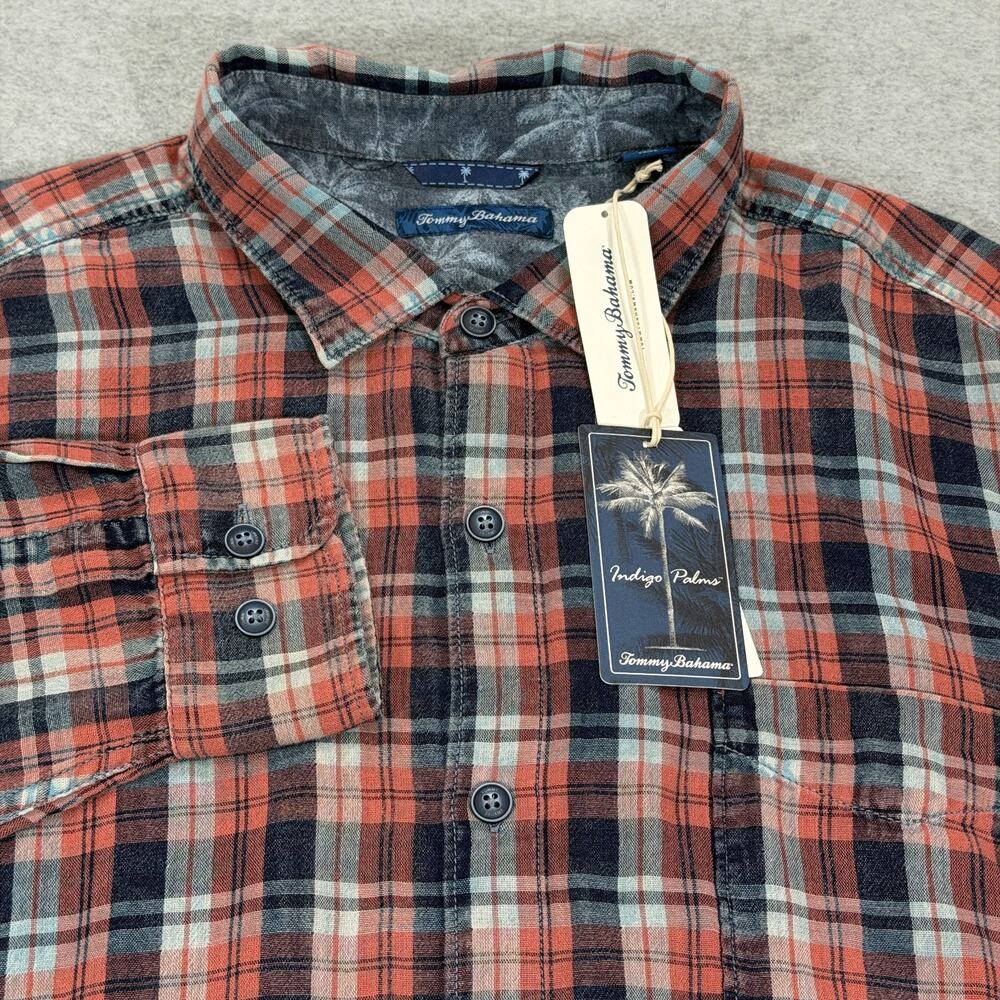 Tommy Bahama Indio Plaid Indigo Palms Shirt Mens XXL Morning Grapefruit NWT